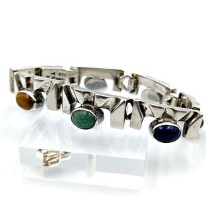 Vintage Taxco Mexico Sterling Silver 925 Gemstone Cabochons Heavy Bracelet 7"